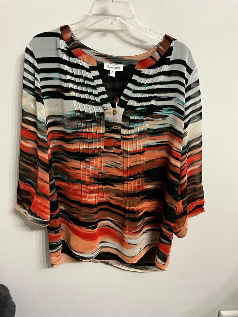 Calvin Klein Women's Multicolor Striped Pintuck Blouse - Orange, Black, Cream
